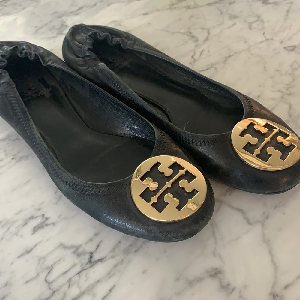 Tory Burch Flats Black Leather with gold Logo